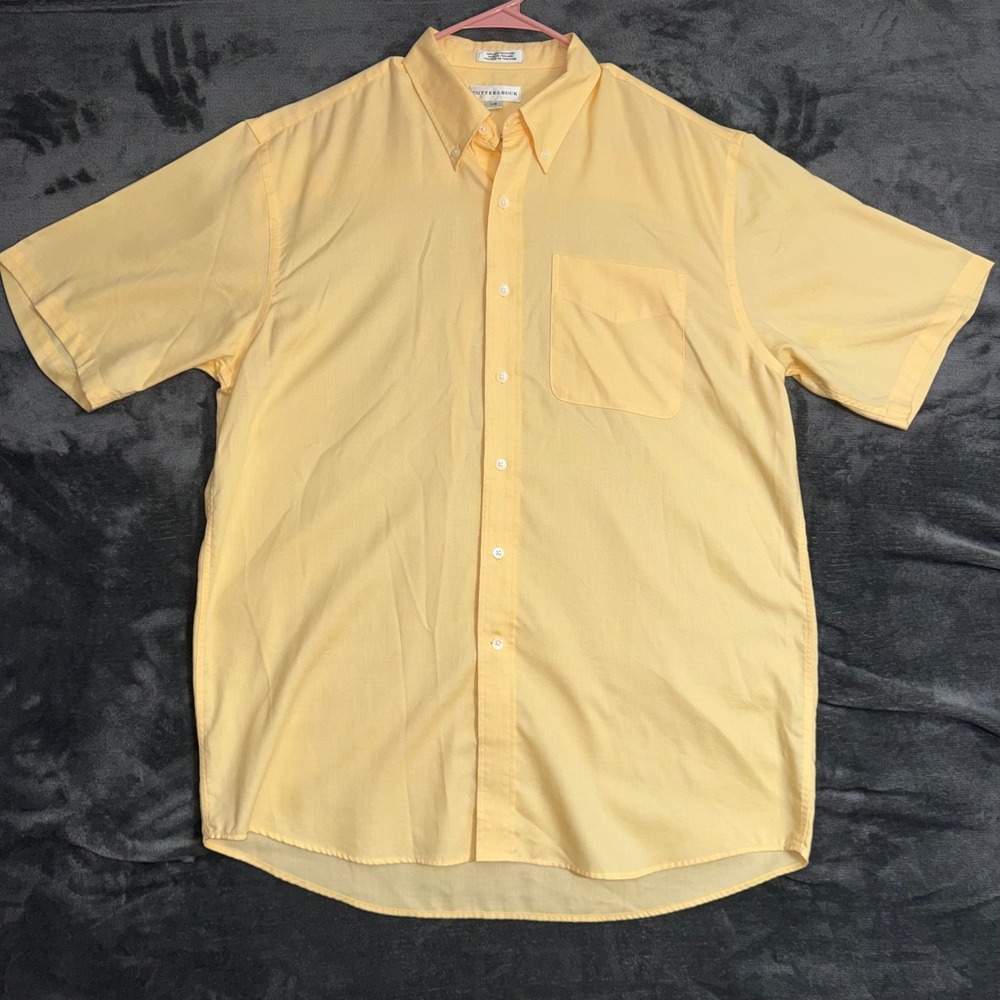 Men's Large Cutter & Buck Button Down Shirt Yellow Short Sleeve Cotton Pocket